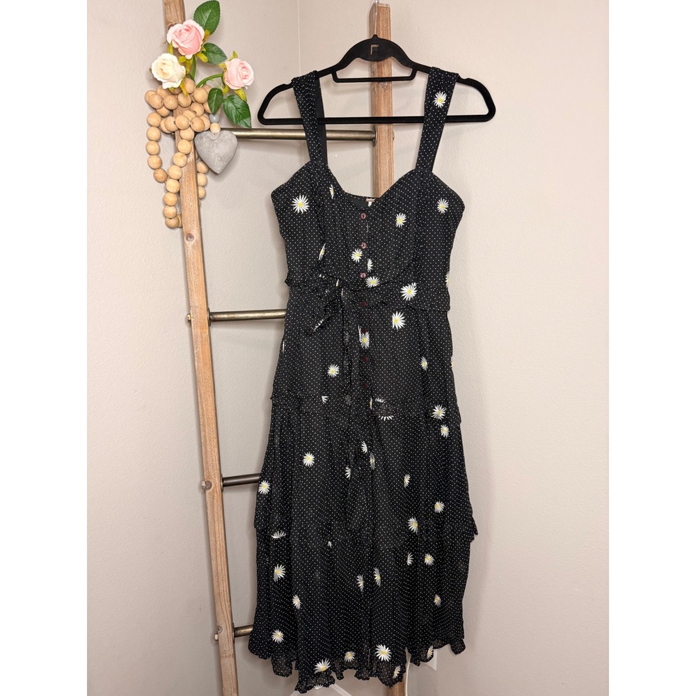Free People Black Daisy Polka Dot Tiered Midi Dress Button Small